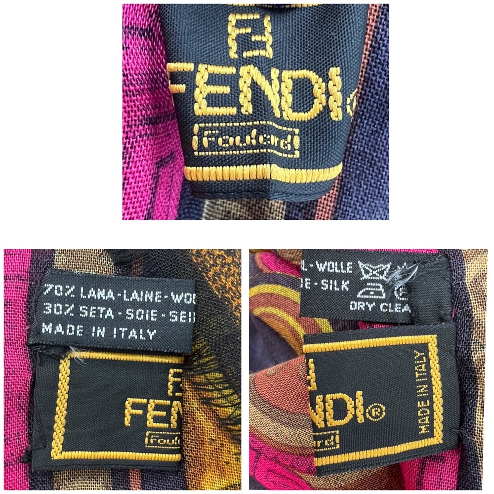 FENDI WOOL & SILK ZODIAC SIGNS IN BLUE, BLACK, PINK & GOLD FOULARD SCARF - Picture 12 of 14